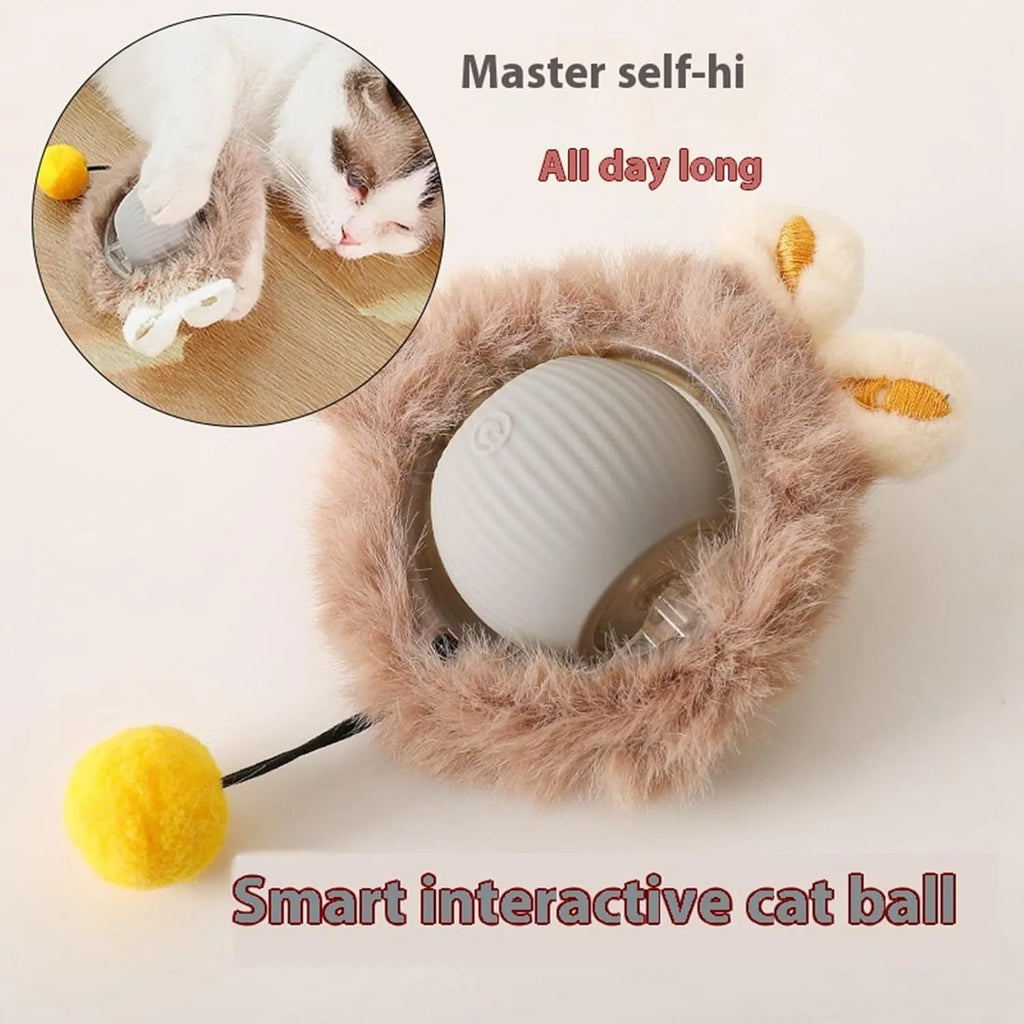 Automatic rotating pet ball with string in grey, green, and red colours for dogs and cats