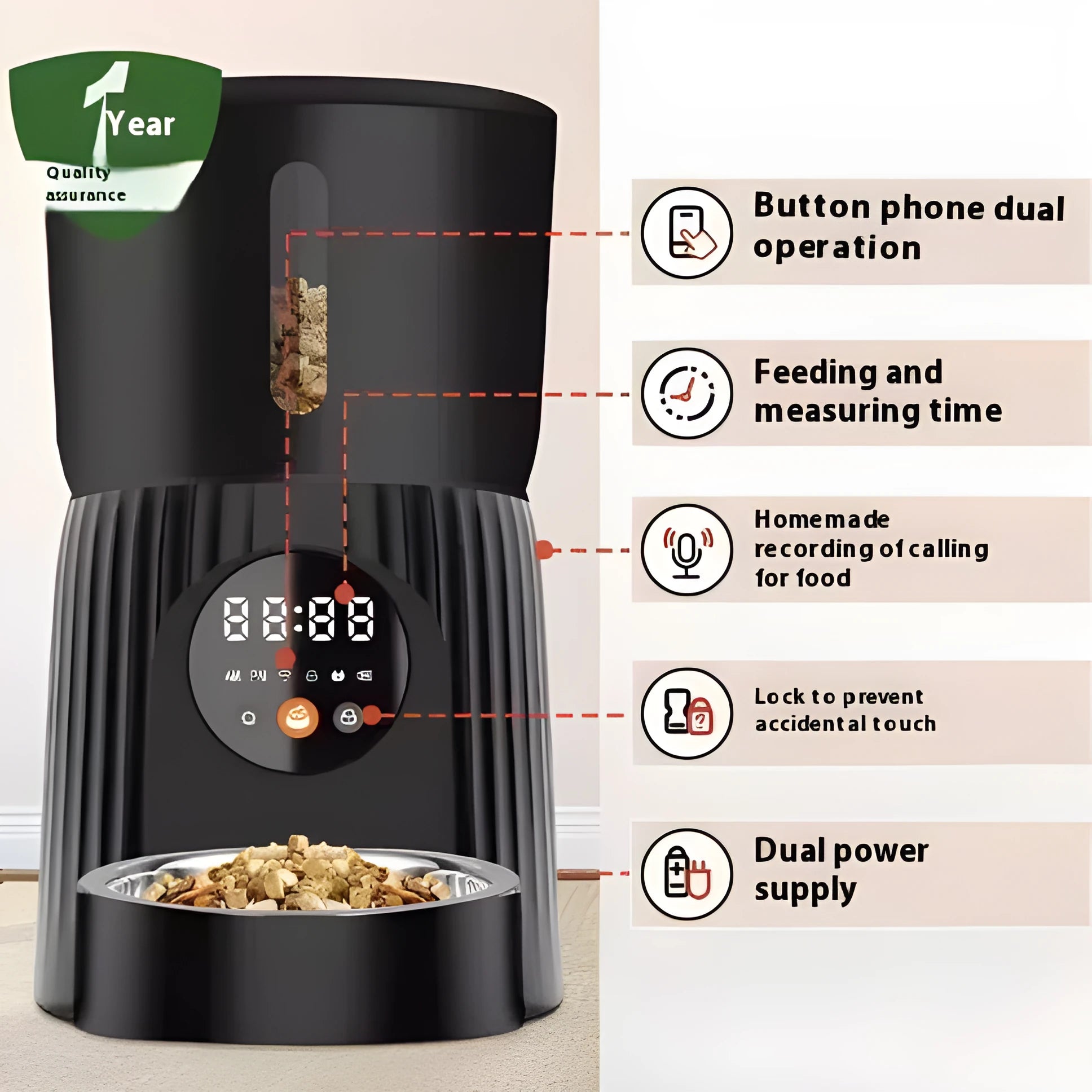 Black and white intelligent pet feeder with automatic timing and quantitative remote control via smartphone app