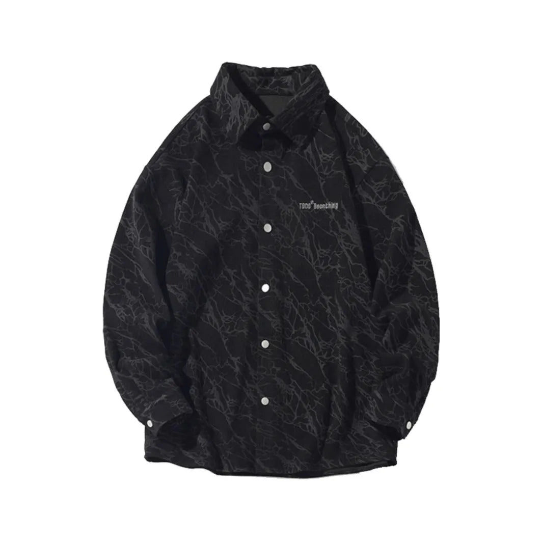 Men's embroidered retro corduroy shirt in black, loose fit cardigan style with long sleeves