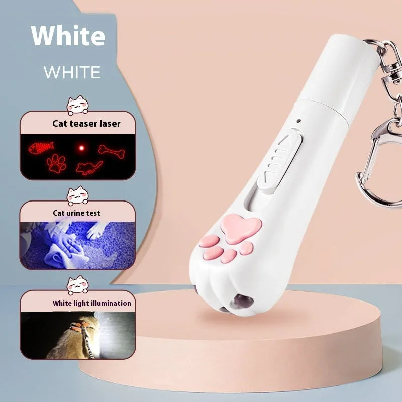 USB-rechargeable cat teaser wand with LED light and colourful feather in sky blue colour