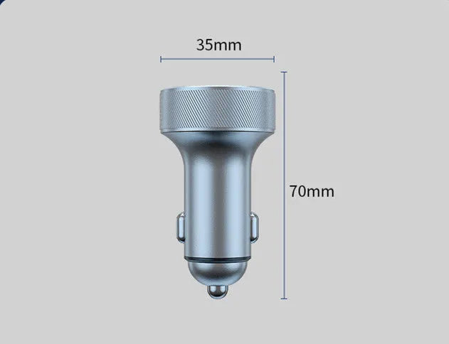 Black and iron grey aluminium alloy car charger with digital display plugged into a vehicle cigarette lighter