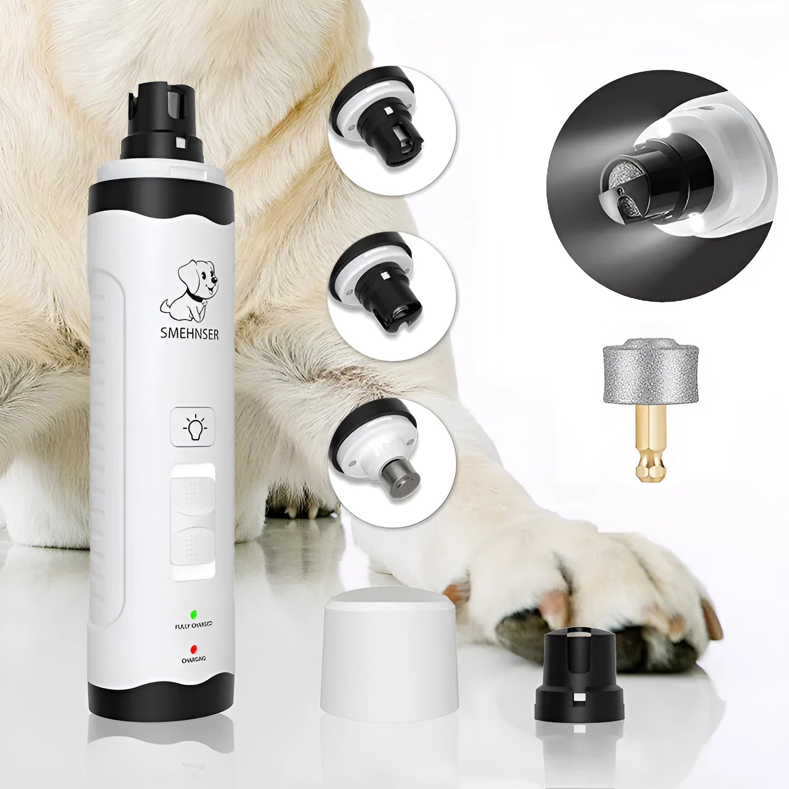 Electric dog nail grinder with automatic piercing head, LED display, and handheld design on a white background.