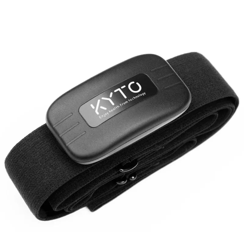 Black heart rate monitor chest strap with Bluetooth 4.0 and ANT+ for fitness use, adjustable elastic band and compact transmitter