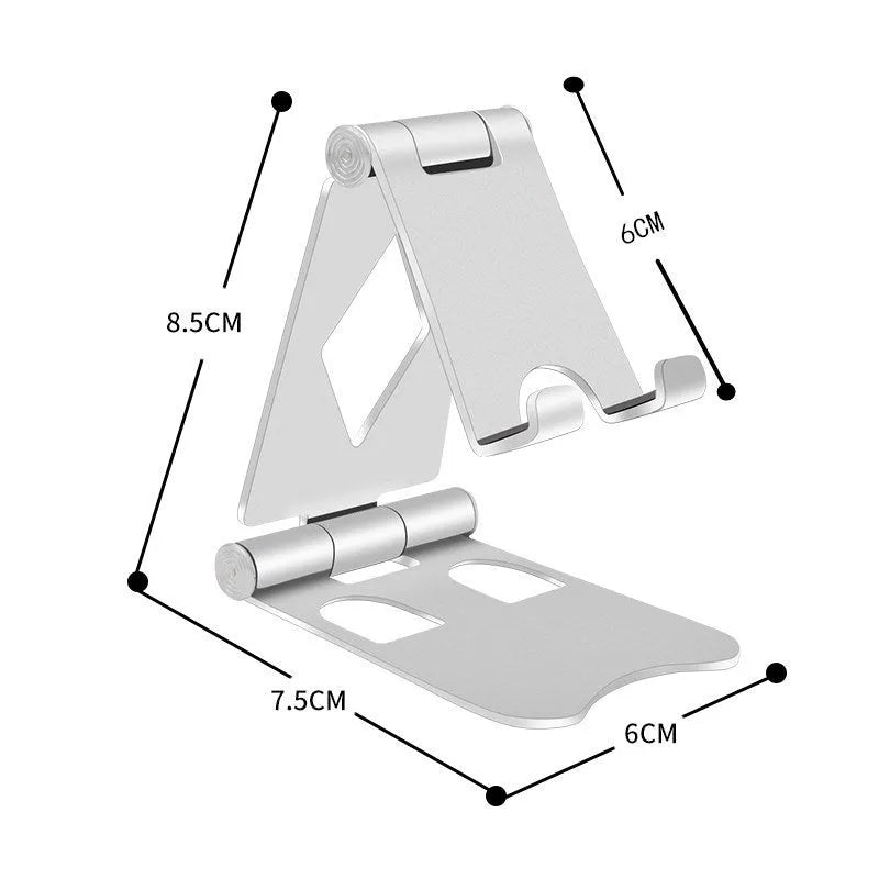 Aluminium alloy folding mobile phone desktop stand in black colour on a desk surface