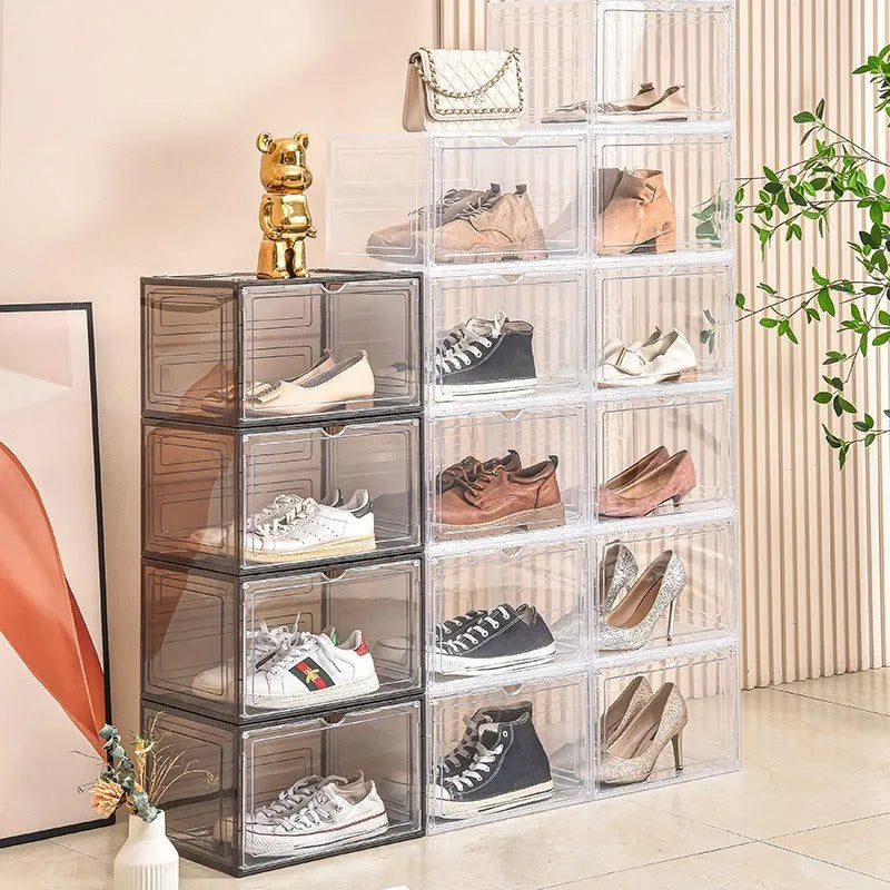 Large clear acrylic shoe storage box with a lid and a magnetic side door open, showing interior space.