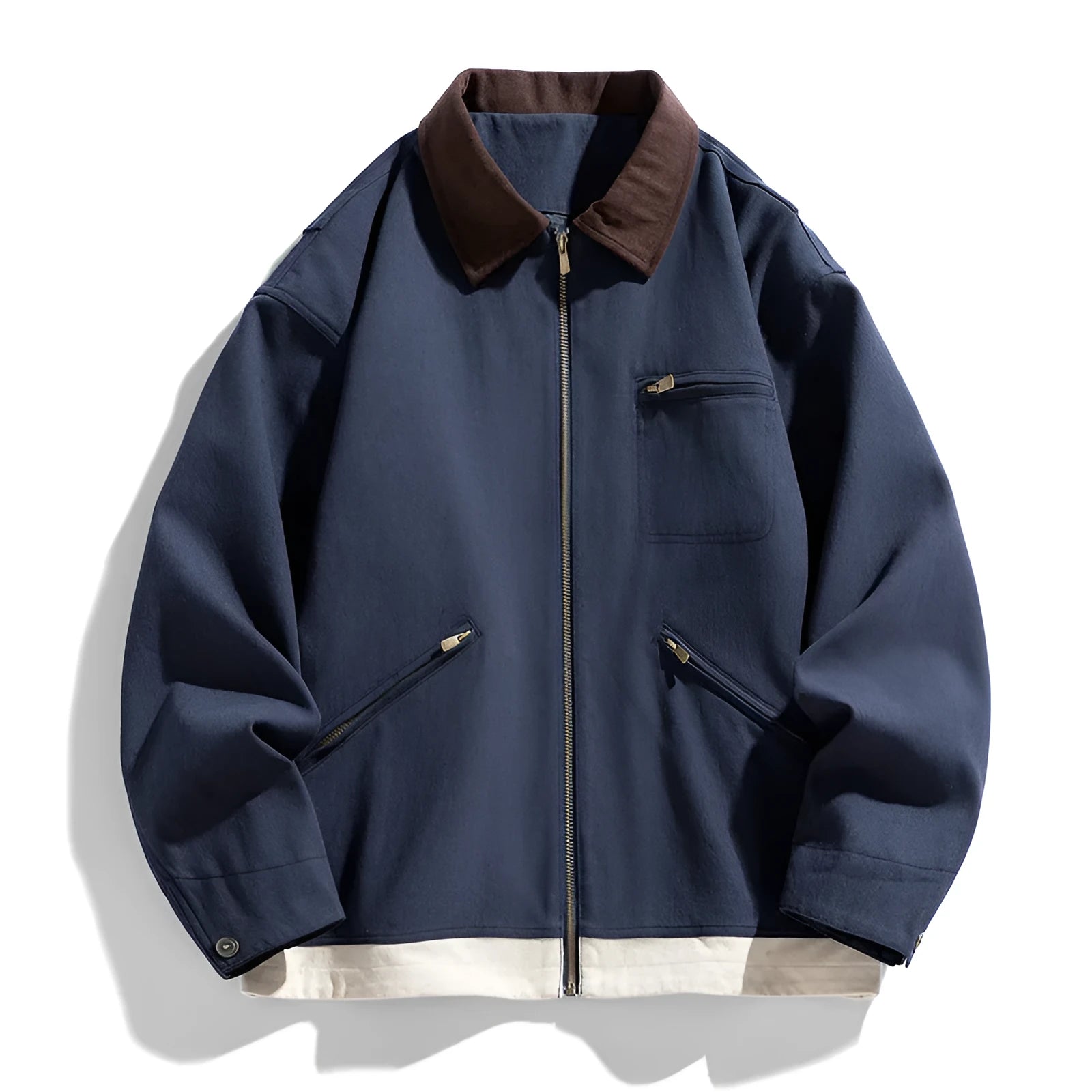 Men's loose fit casual jacket with contrast colour lapels and side seam pockets in retro workwear style