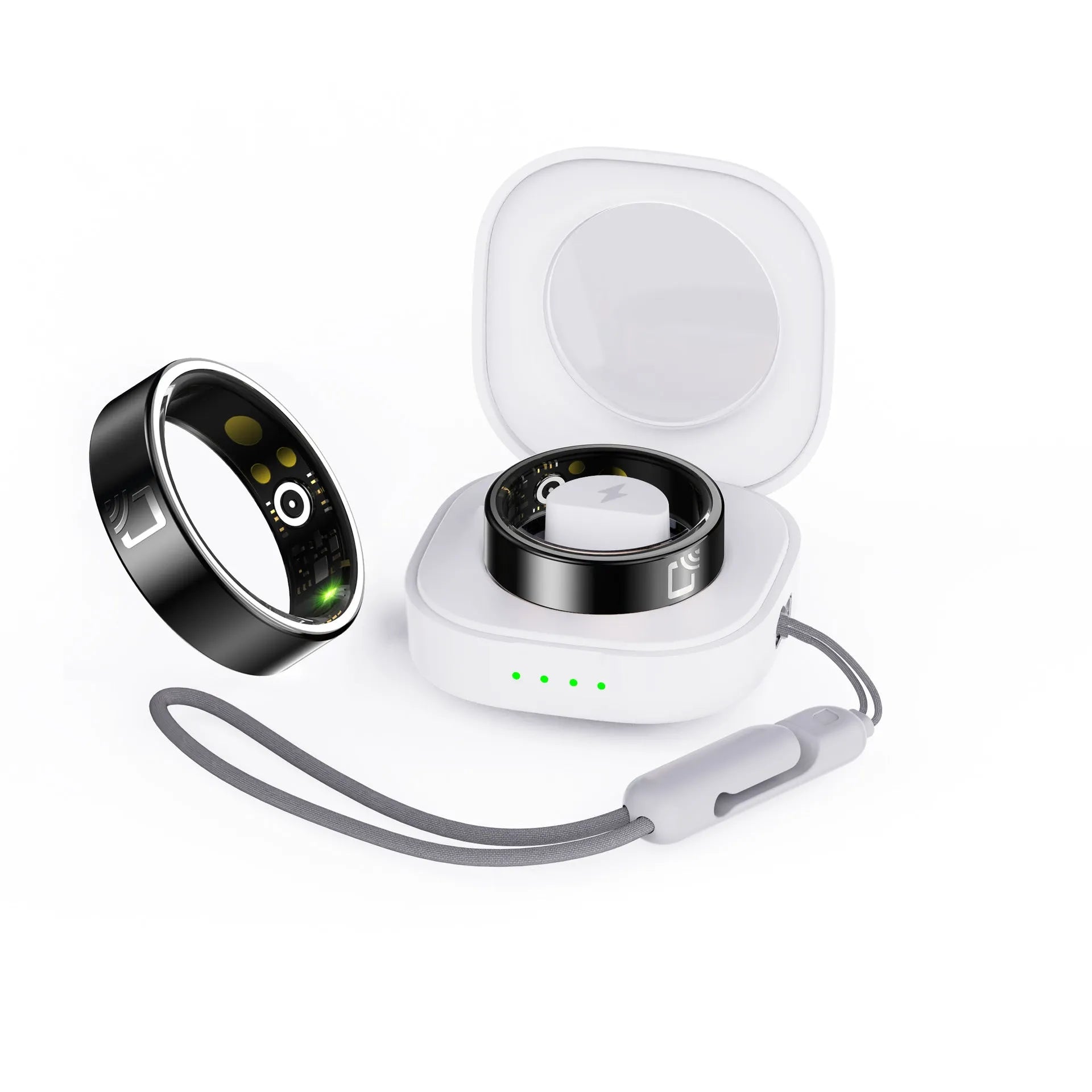 Black ceramic smart ring for health monitoring on finger with charging options