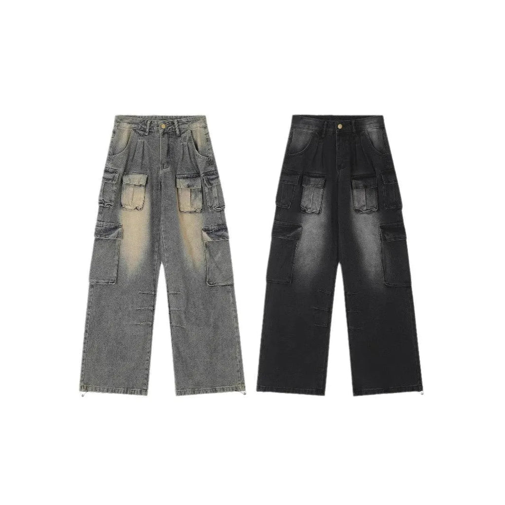 Loose-fit distressed denim pants with multiple pockets in light blue wash, straight-leg street style