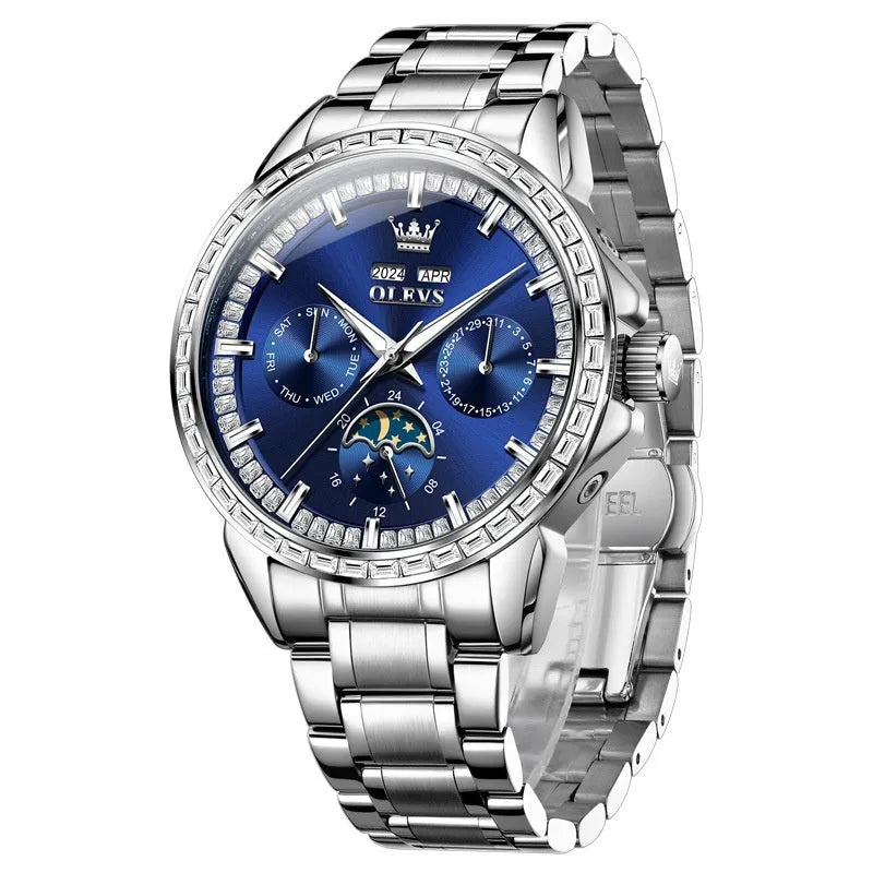 Men's automatic mechanical watch with stainless steel strap and blue dial, 13mm thickness, transparent case back