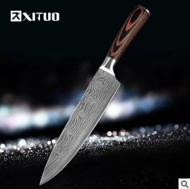 7Cr17 stainless steel kitchen knife with laser Damascus pattern blade and coloured wood handle
