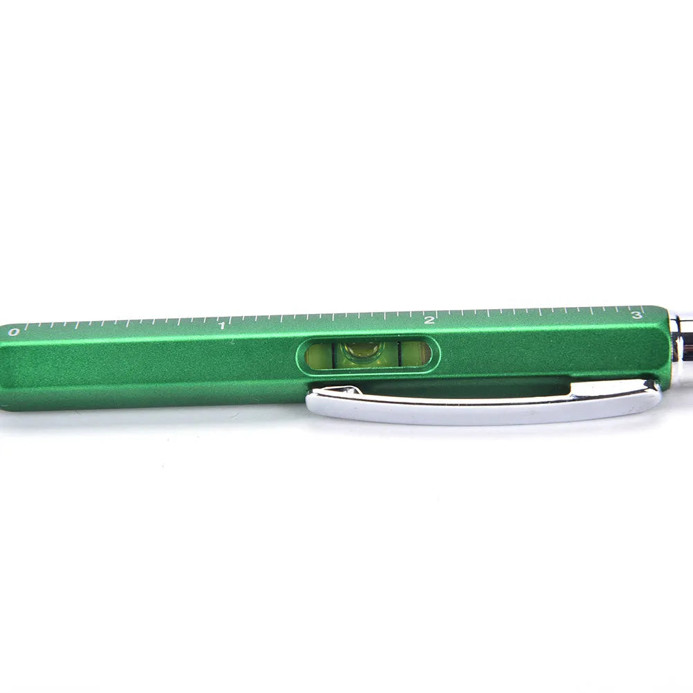 6 in 1 multi-function ballpoint pen with touch screen stylus, screwdriver tips, ruler and spirit level in black plastic