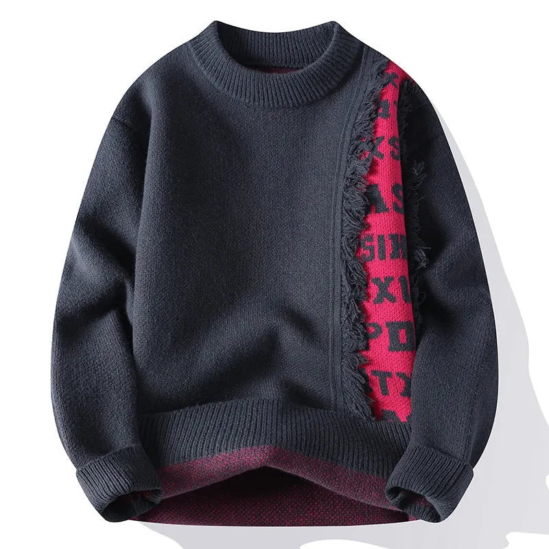 Men's loose fit knitted pullover jumper with ribbed hemline in rabbit fur blend fabric
