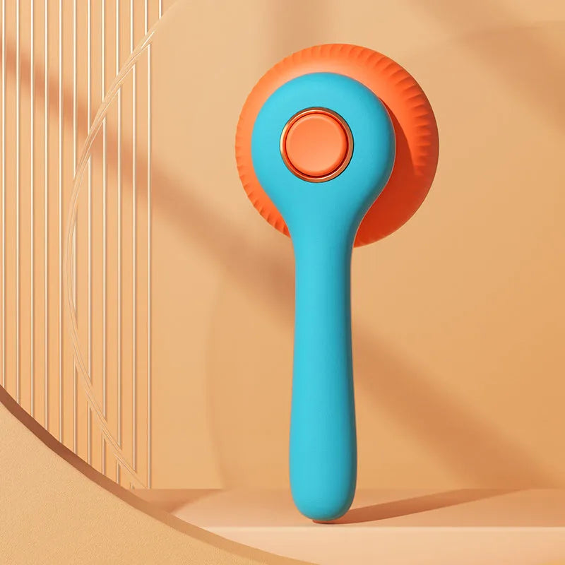 Blue and white self-cleaning pet grooming brush with retractable bristles for cats and dogs.