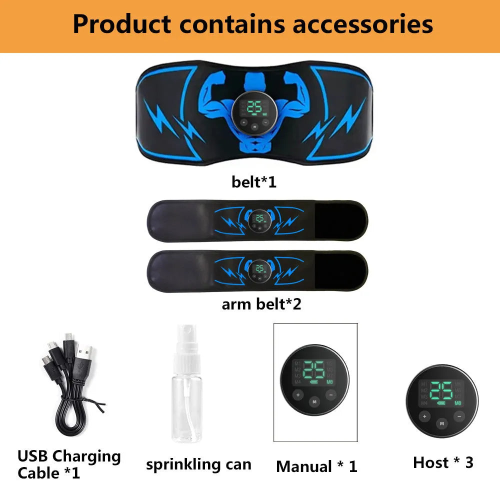 Blue EMS abdominal fitness belt with wireless remote control and arm stickers