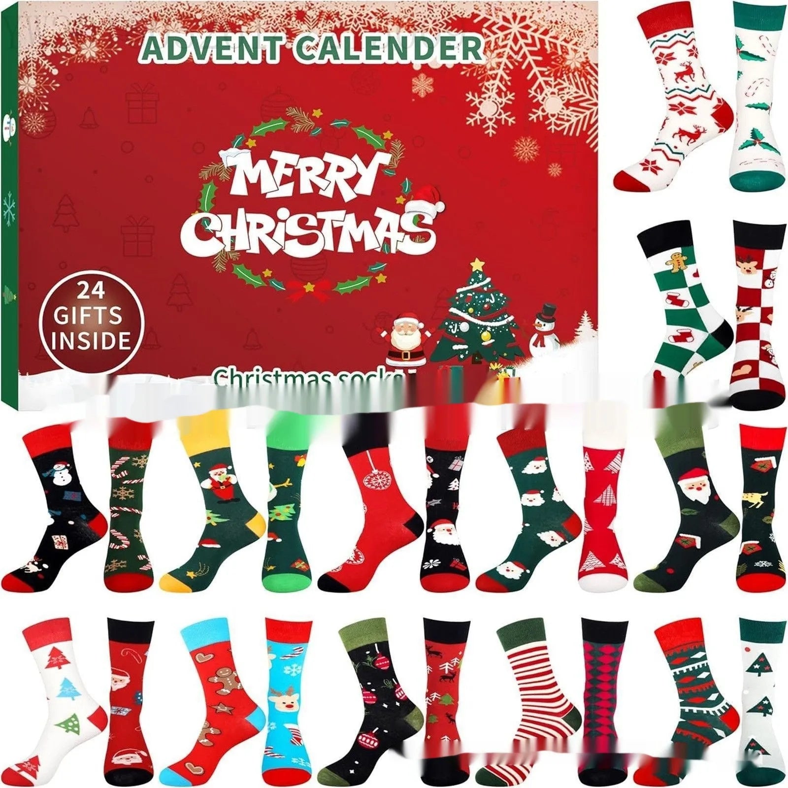Seven different Christmas stocking blind boxes with colourful resin decorations for holiday displays