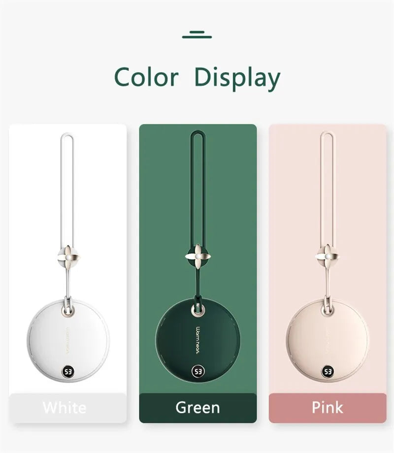 Green, pink or white 5000mAh power bank with digital display and integrated hand warmer function.