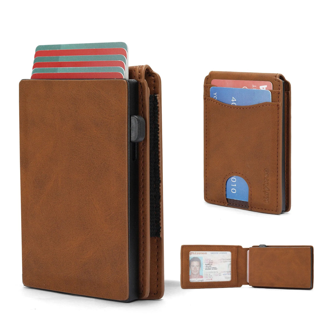Men's synthetic leather card holder with RFID blocking in black, dark brown, and light brown colours showing card slots and front pocket