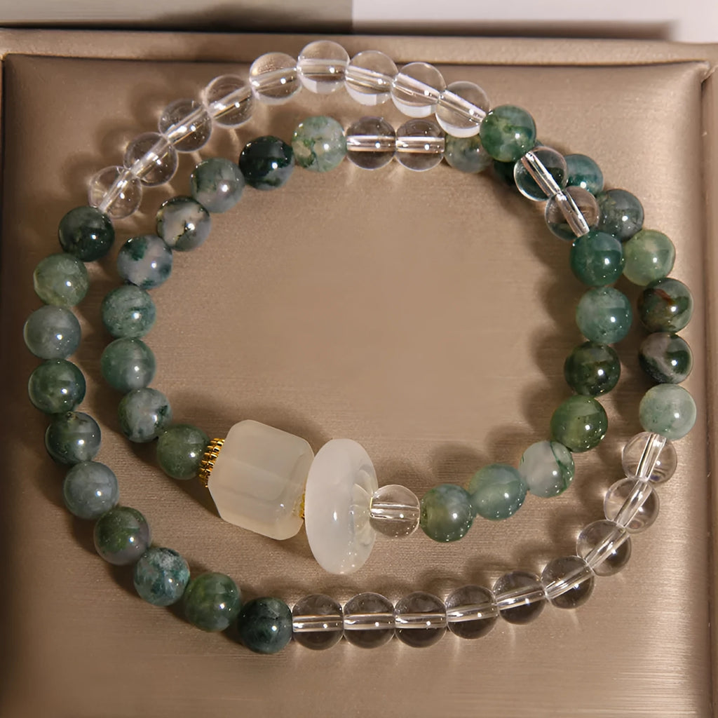 Double circle green grass agate and white agate crystal bracelet with cube sugar cut beads on flexible ring