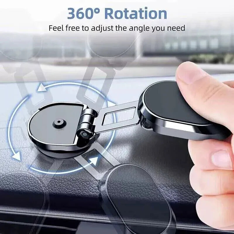Chrome magnetic car phone holder dashboard mount folded and extended views showing foldable bracket and adhesive base