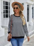 Black long sleeve pullover sweater with plaid and striped printed pattern
