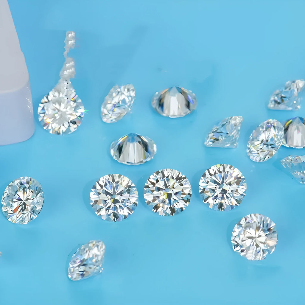 Round brilliant cut moissanite stone showing eight hearts eight arrows pattern with polished surfaces