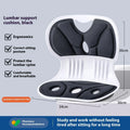 Grey Japanese-style lumbar support cushion for office chair and back pain relief.