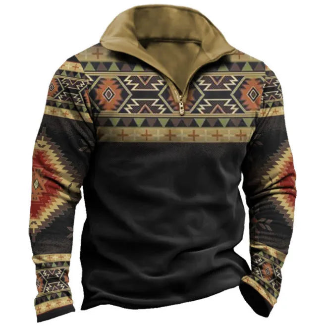 Man wearing a loose-fit long sleeve golf top with retro colour printing and a zipper decoration detail.