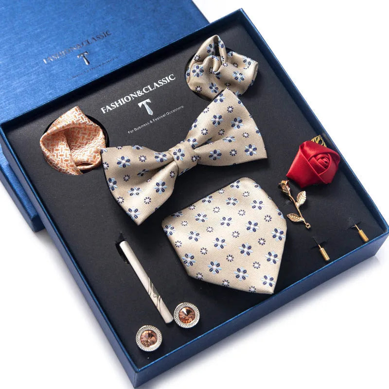 Men's 8-piece rayon jacquard bow tie set, heart shape arrow style, monochrome pattern, 146cm length