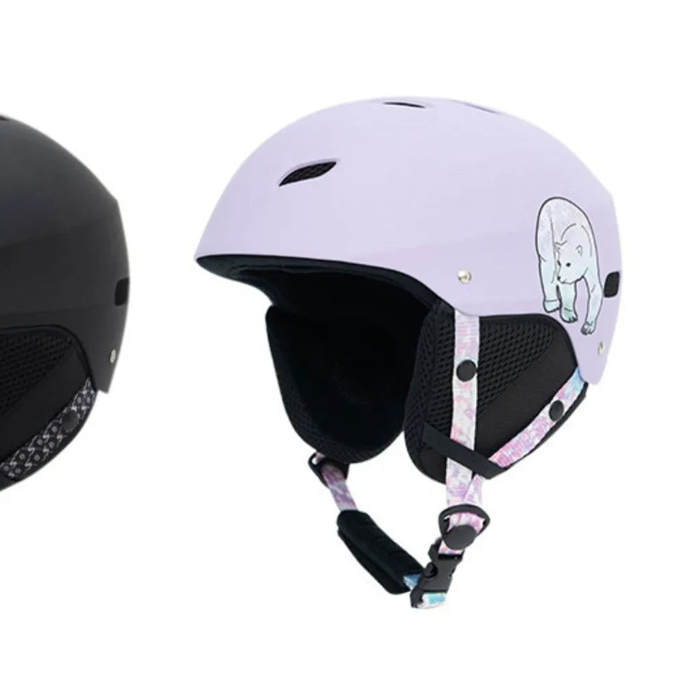 Men's protective ski helmet with ABS shell and EPS liner shown in blue and white heart design.