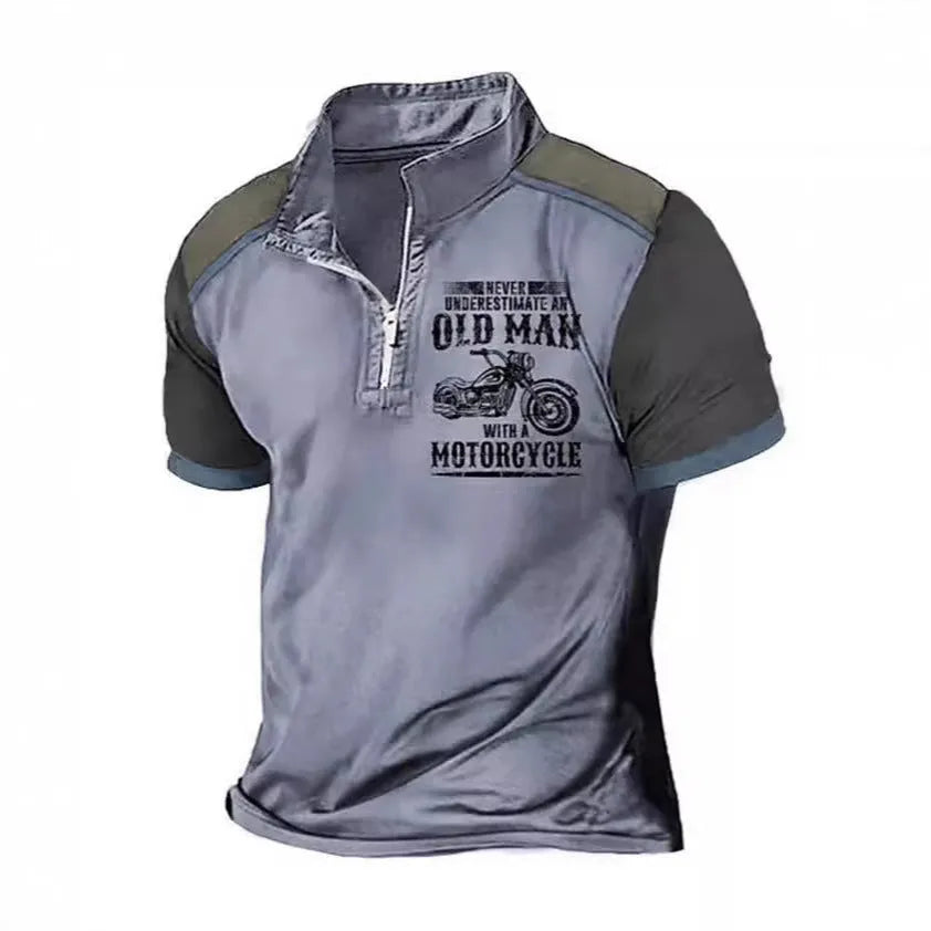 Men's casual lapel polo shirt with digital letter print and zipper decoration detail on sleeve.