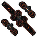 EMS abdominal muscle stimulator with three hosts, belt, and electrode pads on a blue background