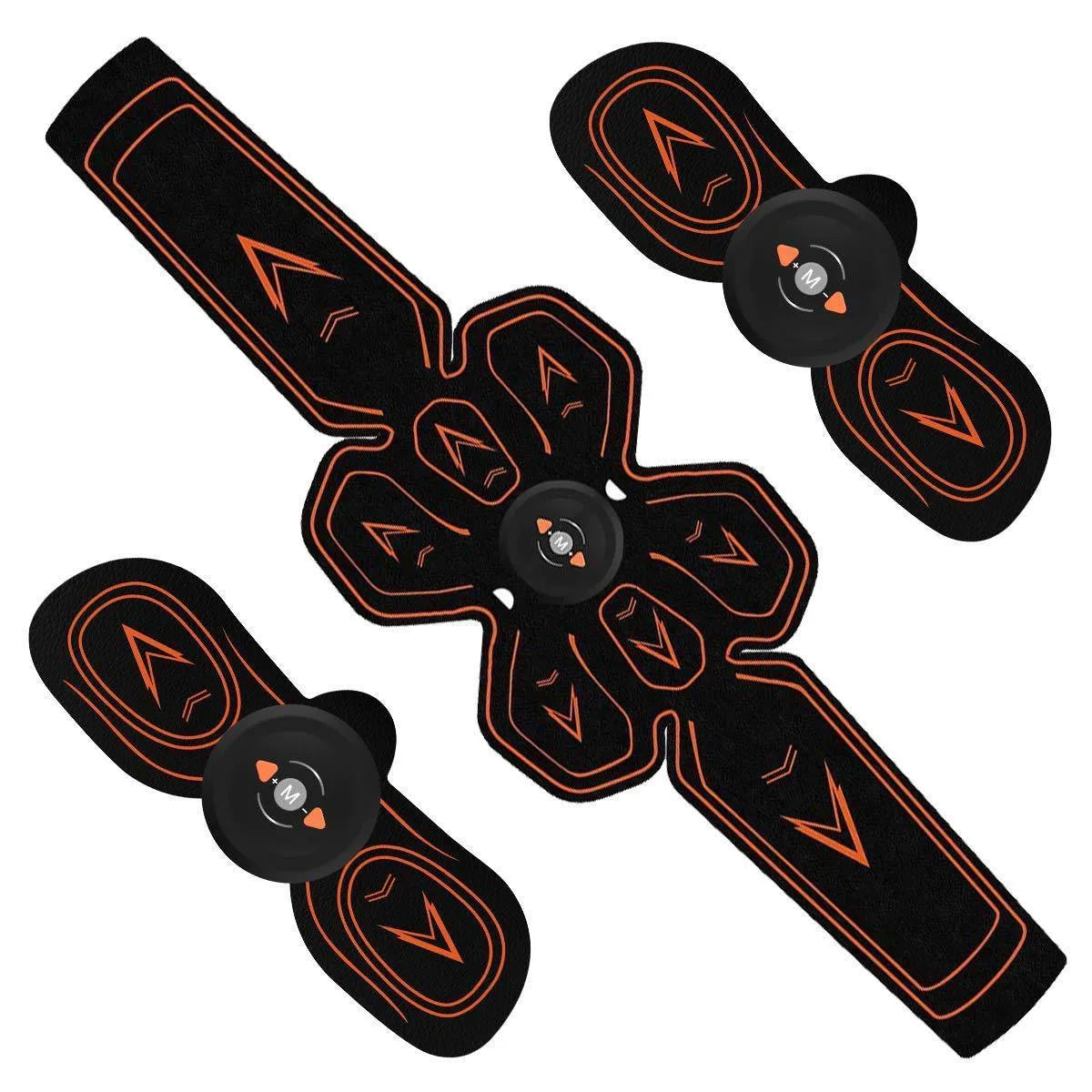 EMS abdominal muscle stimulator with three hosts, belt, and electrode pads on a blue background