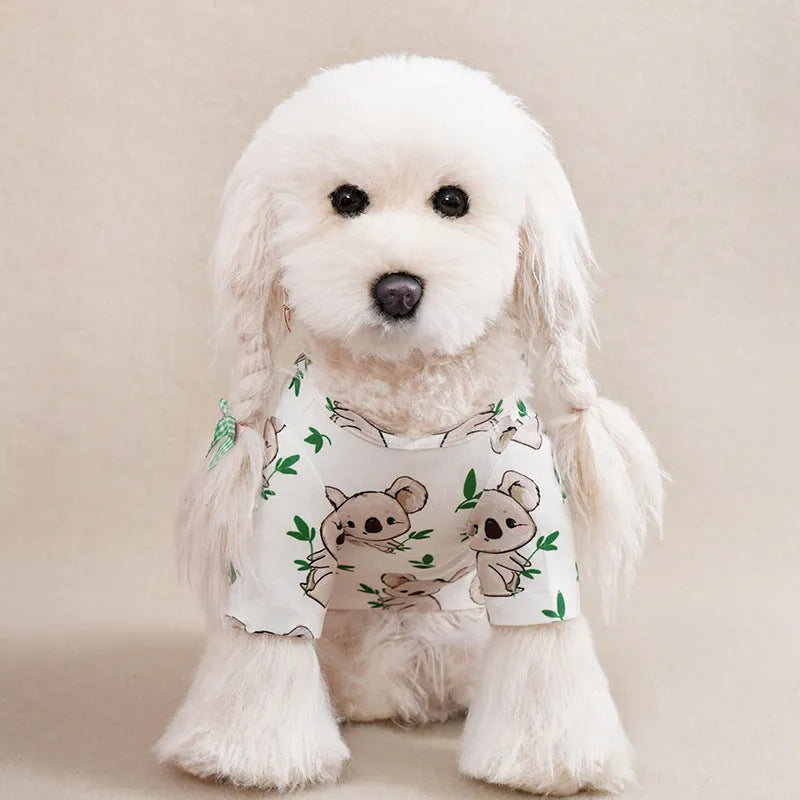 Small dog wearing a full printed casual t-shirt for spring and autumn.