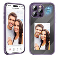 Black iPhone 15 Pro Max flip case with NFC ink screen showing custom text