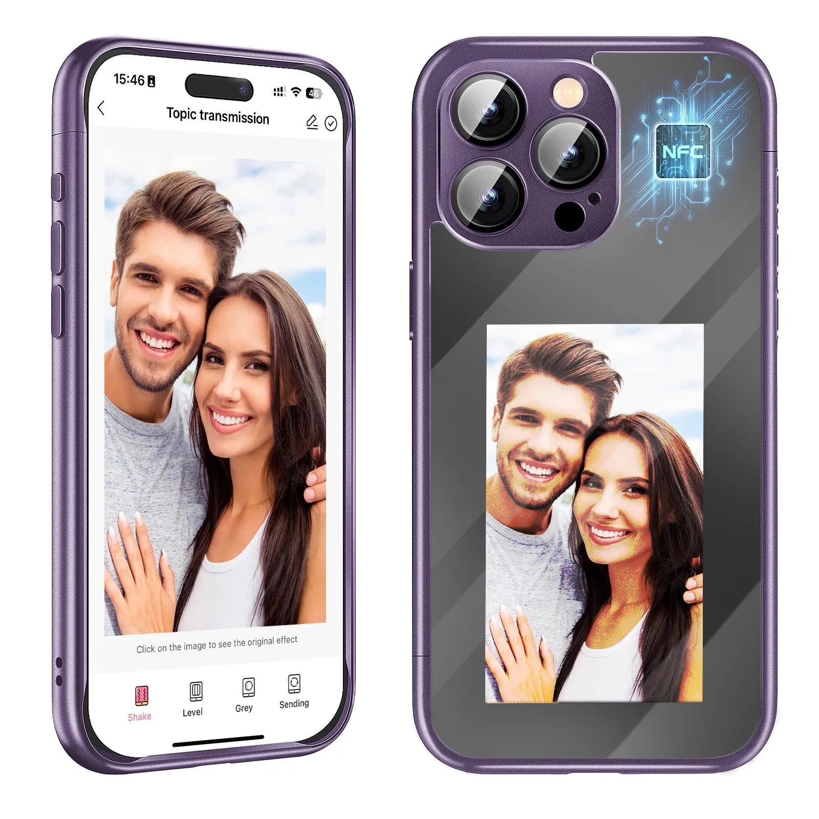 Black iPhone 15 Pro Max flip case with NFC ink screen showing custom text