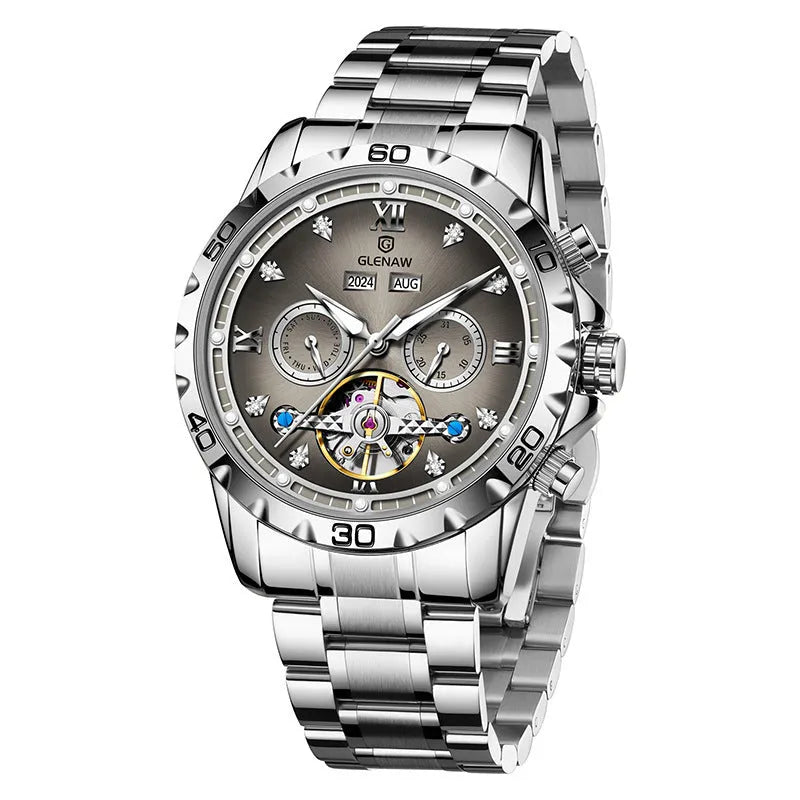 Men's automatic mechanical watch with stainless steel strap and metal case, mineral glass mirror, business style, silver face