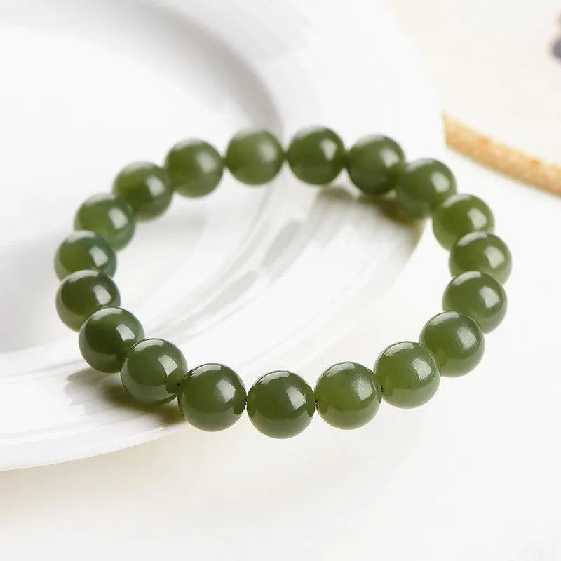 Hetian jade bracelet with polished round beads in ice-like clear colours, 4mm to 10mm sizes, unisex style