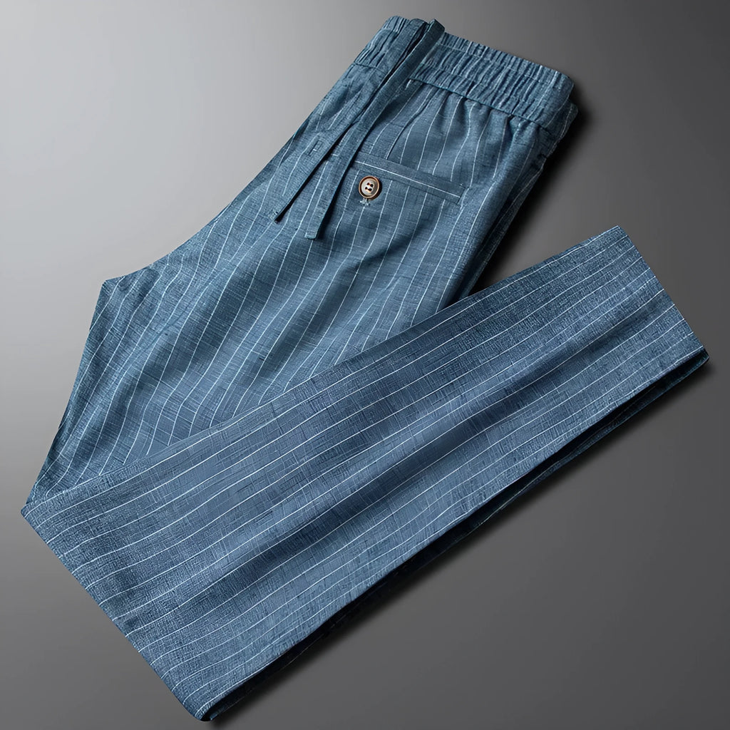 Men's casual linen striped trousers in blue gray, showing elasticated waist and straight leg
