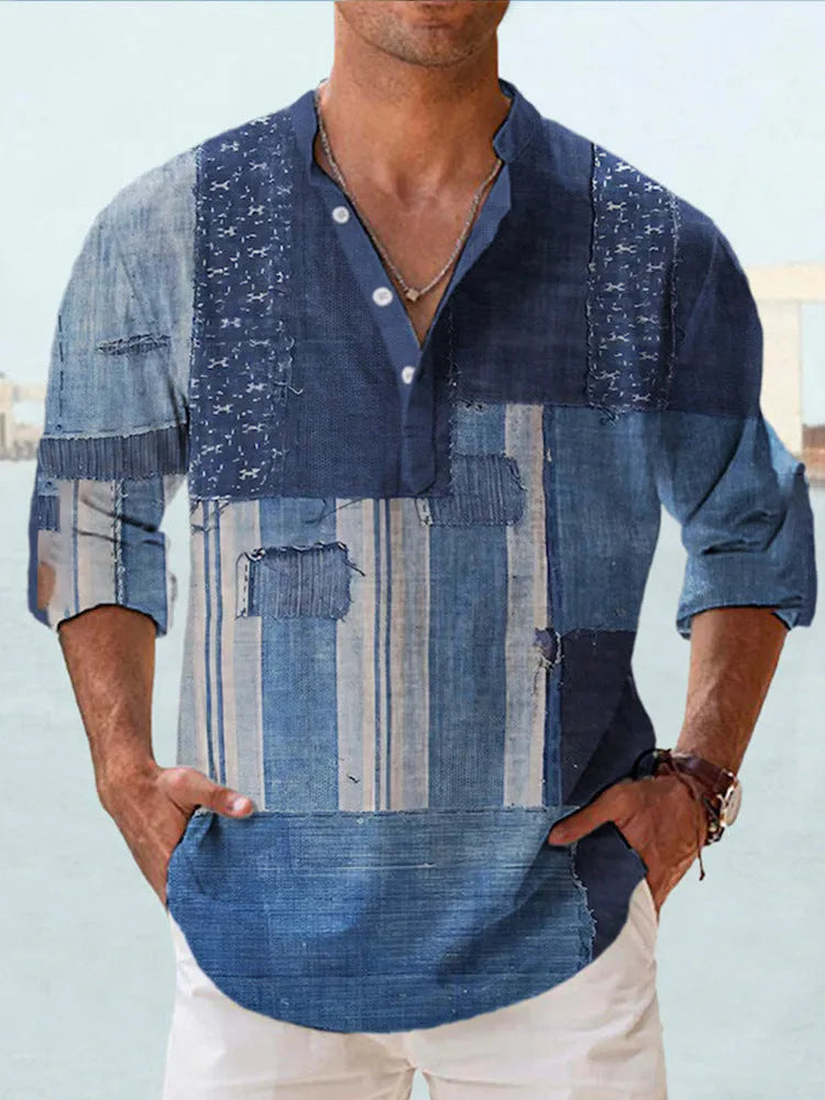 Men's thin digital bamboo linen Hawaiian shirt with stripe pattern in cardigan style