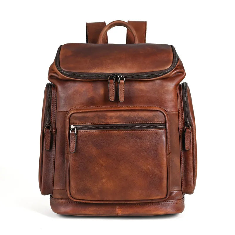 Genuine retro double-layer cowhide backpack for men in light brown with patchwork detailing