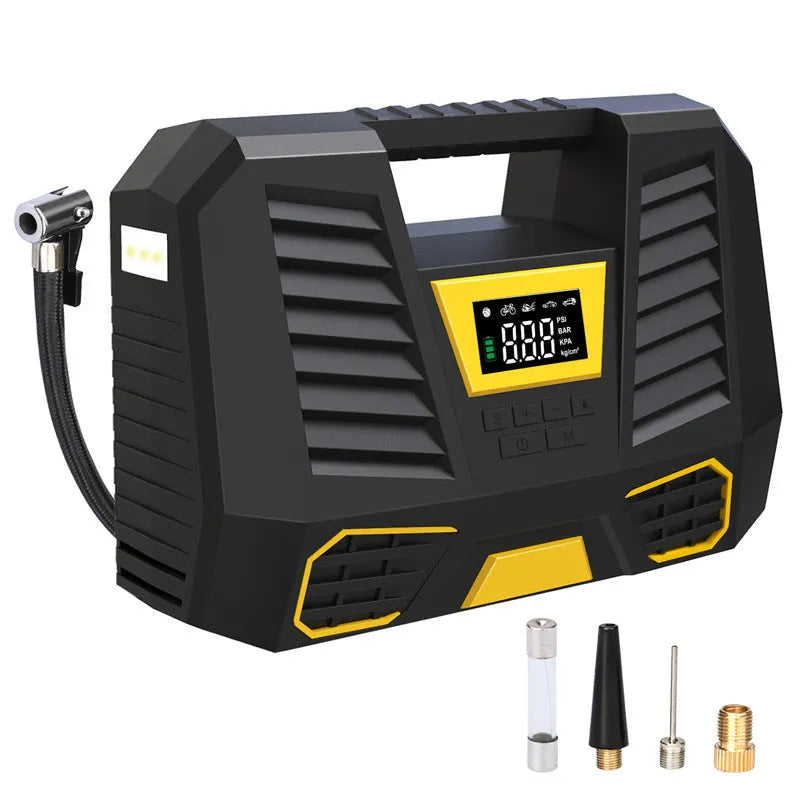 Carsun 100W 12V car air pump with digital display and 3m power cable on a garage floor