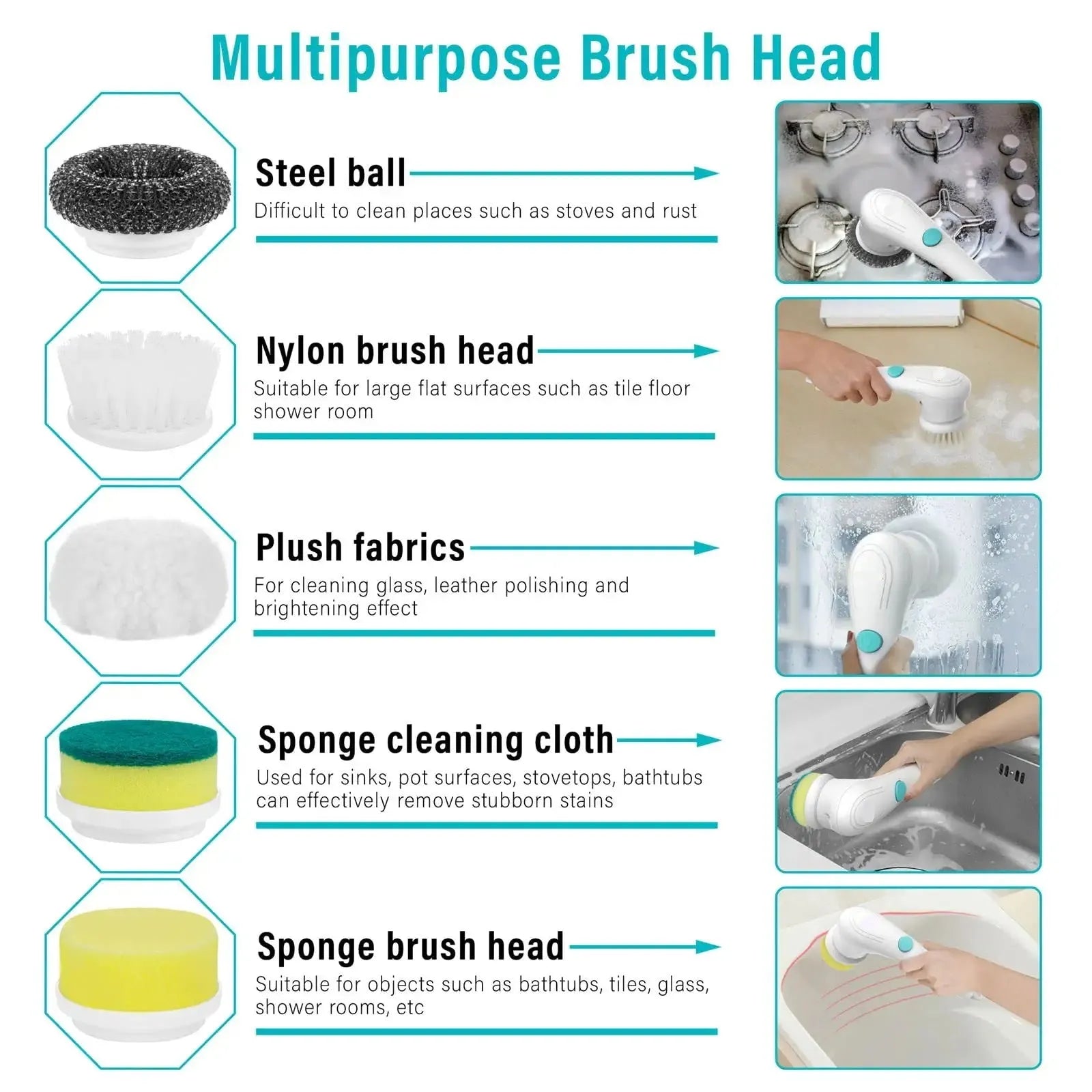 White USB electric handheld cleaning brush with five different brush heads for kitchen and bathroom surfaces.