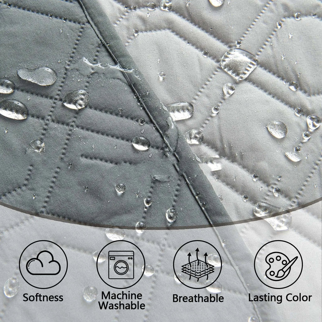 Double-sided waterproof dog sofa cushion showing contrasting colour options and multiple size measurements