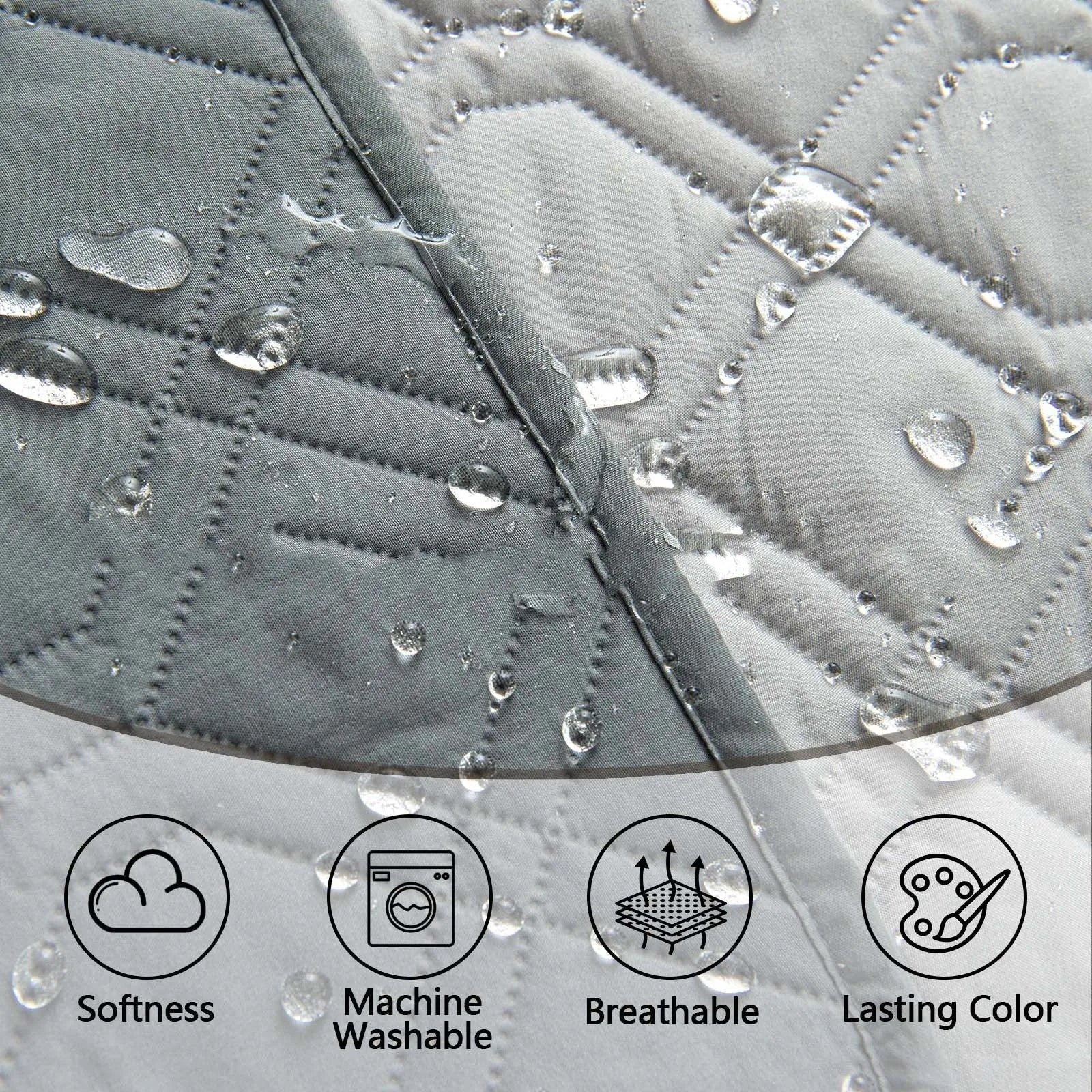 Double-sided waterproof dog sofa cushion showing contrasting colour options and multiple size measurements