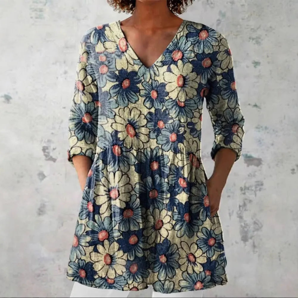 Women's retro slim fit printed long-sleeved top in a colour style variant.