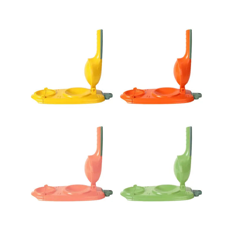Orange and white plastic dumpling maker tool with ergonomic handle and 2-in-1 design