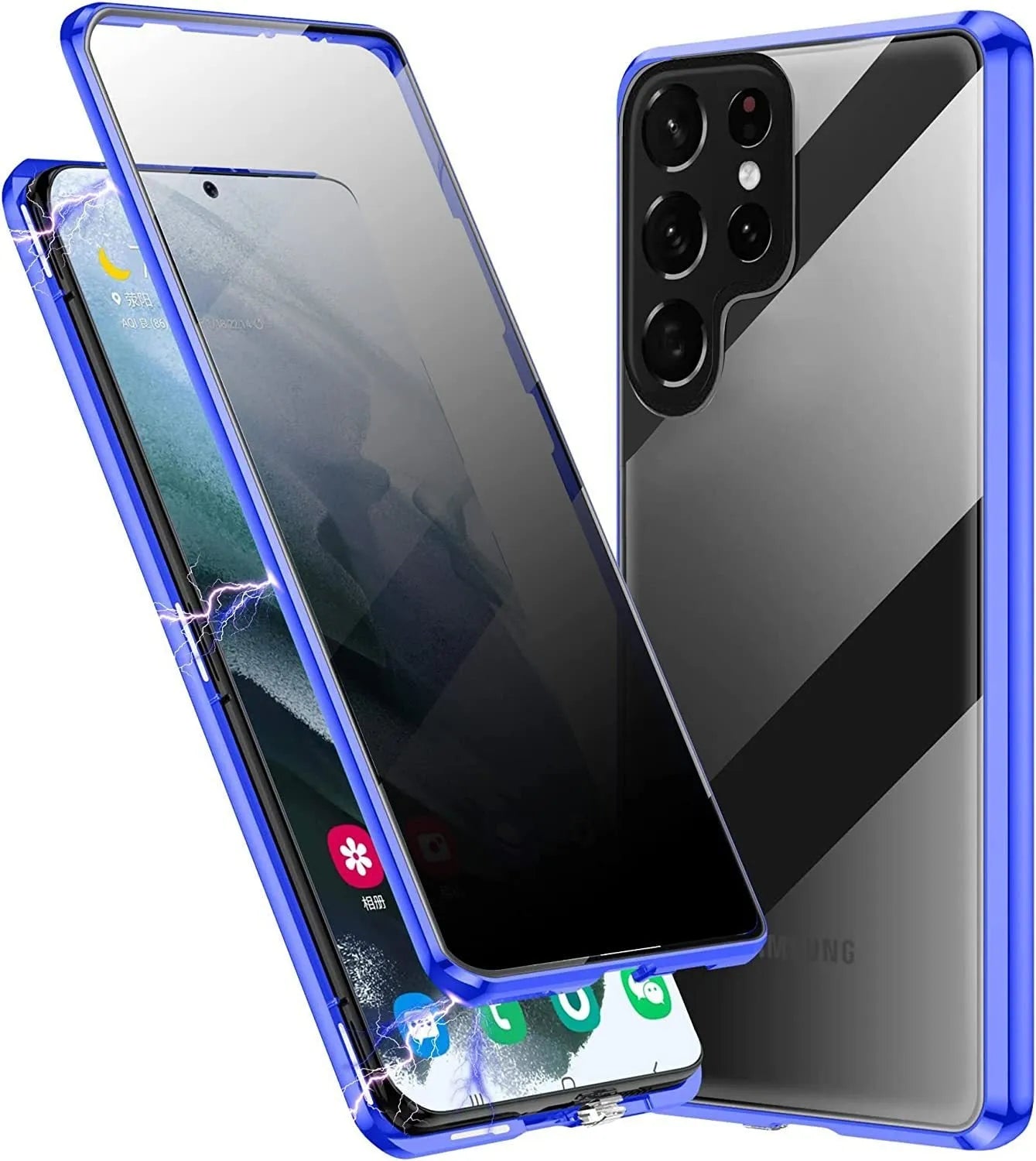 Peep-proof phone case with double-sided glass and aluminium alloy frame in black, showing rear camera cutout and magnetic set