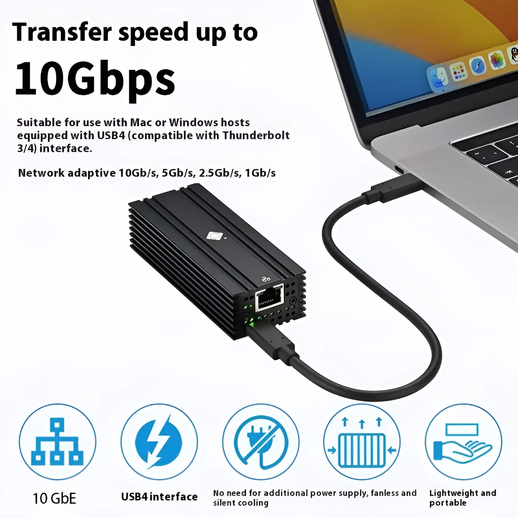 Black Leyu USB4 to 10G RJ45 Ethernet network adapter with attached short cable.