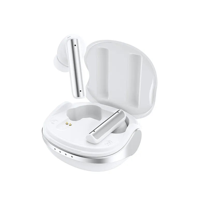 Wireless Bluetooth earphone P60PRO in milky white with metal build and charging compartment