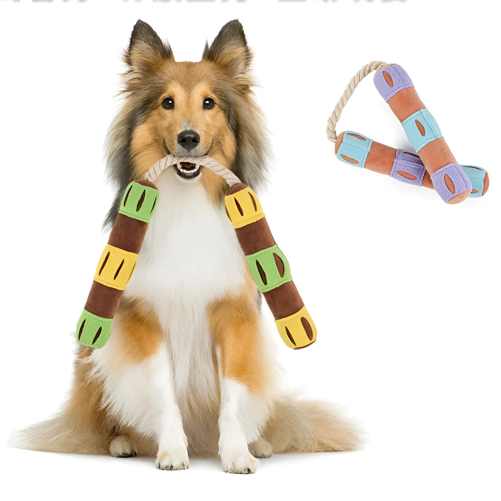 Purple and yellow plush dog snuffle mat used for slow feeding and interactive puzzle play.